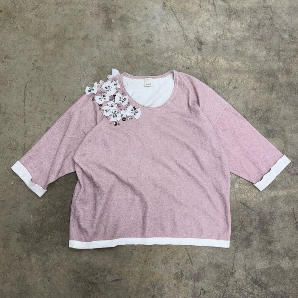 RARE PINKO Italy shimmery knit tee with rhinestone and bows